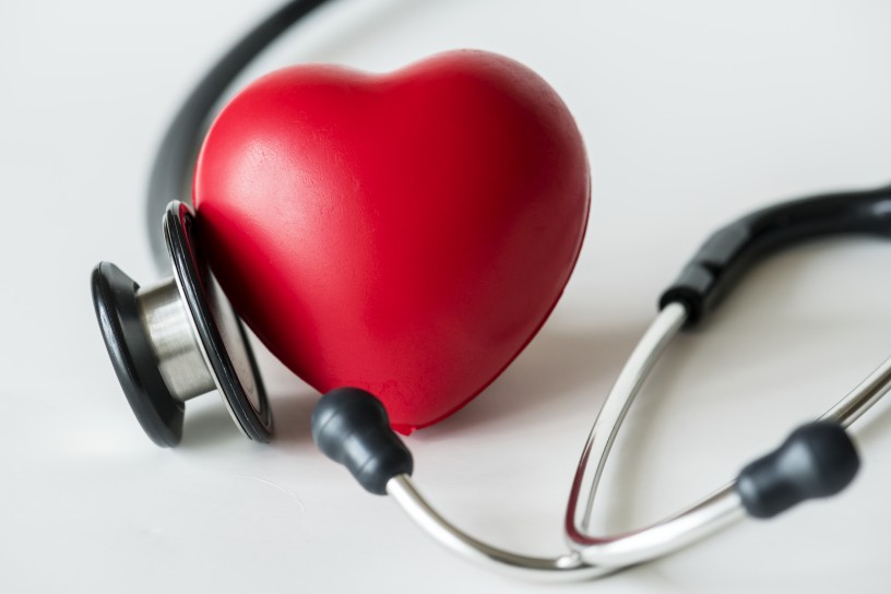 Closeup of heart and a stethoscope cardiovascular checkup concept